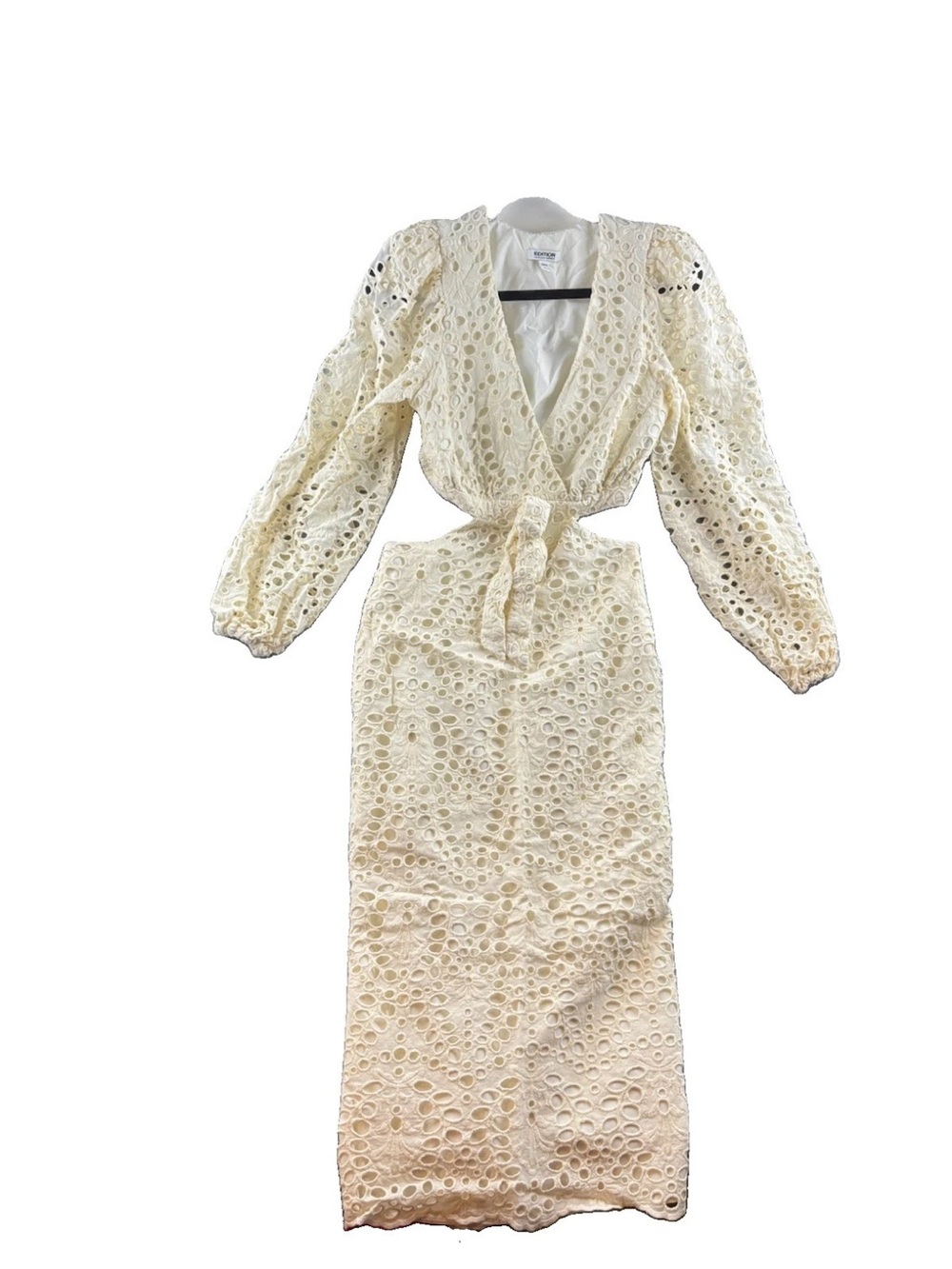 Express Dress W/side Cut Outs Cream Eyelet Long Sleeve Slit Side Zip V Neck Smal